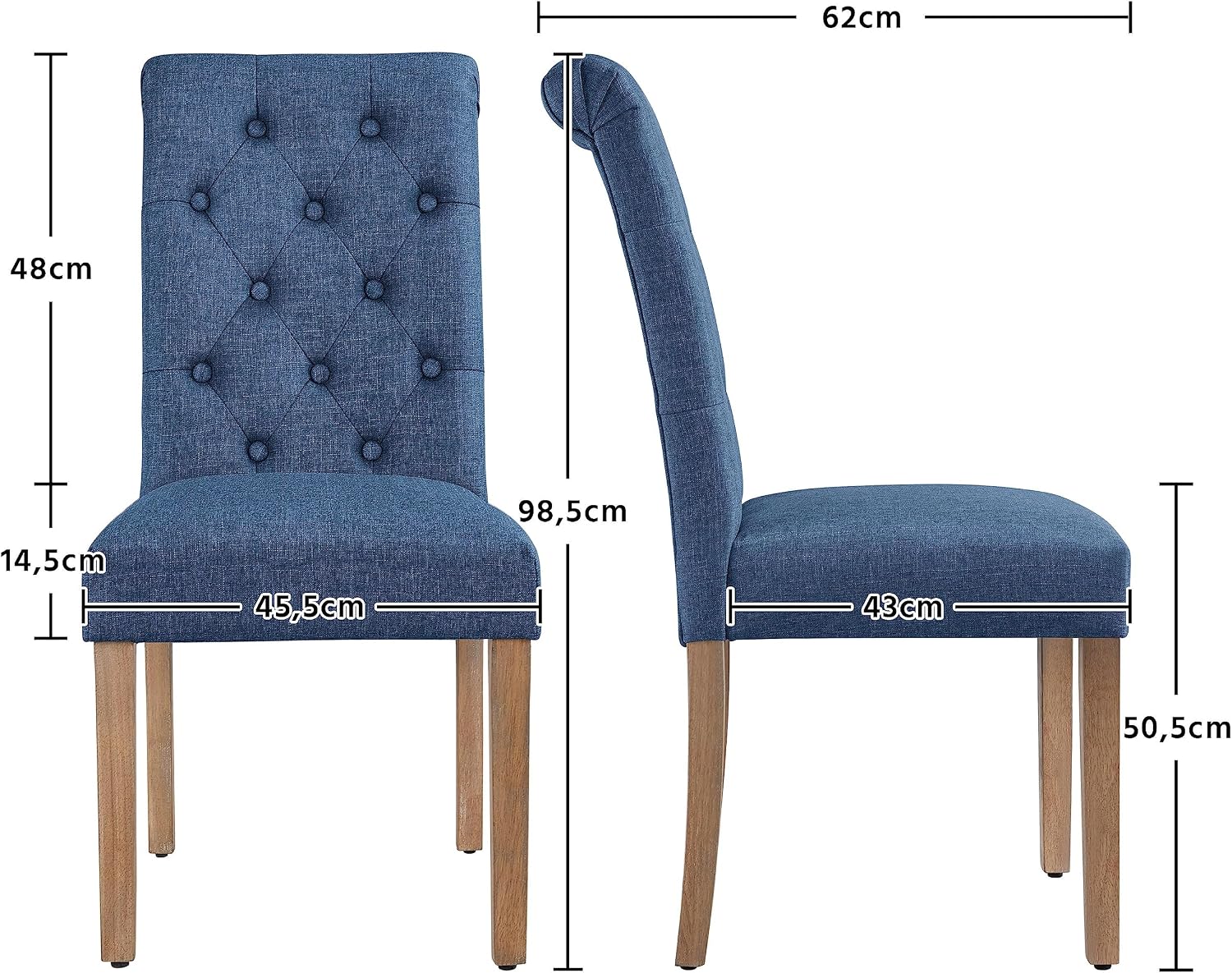 Detalle de Yaheetech Set 4 Sedie Imbottite Blu con Schienale Alto, Gambe in Legno – Eleganza e Comfort per Sala da Pranzo