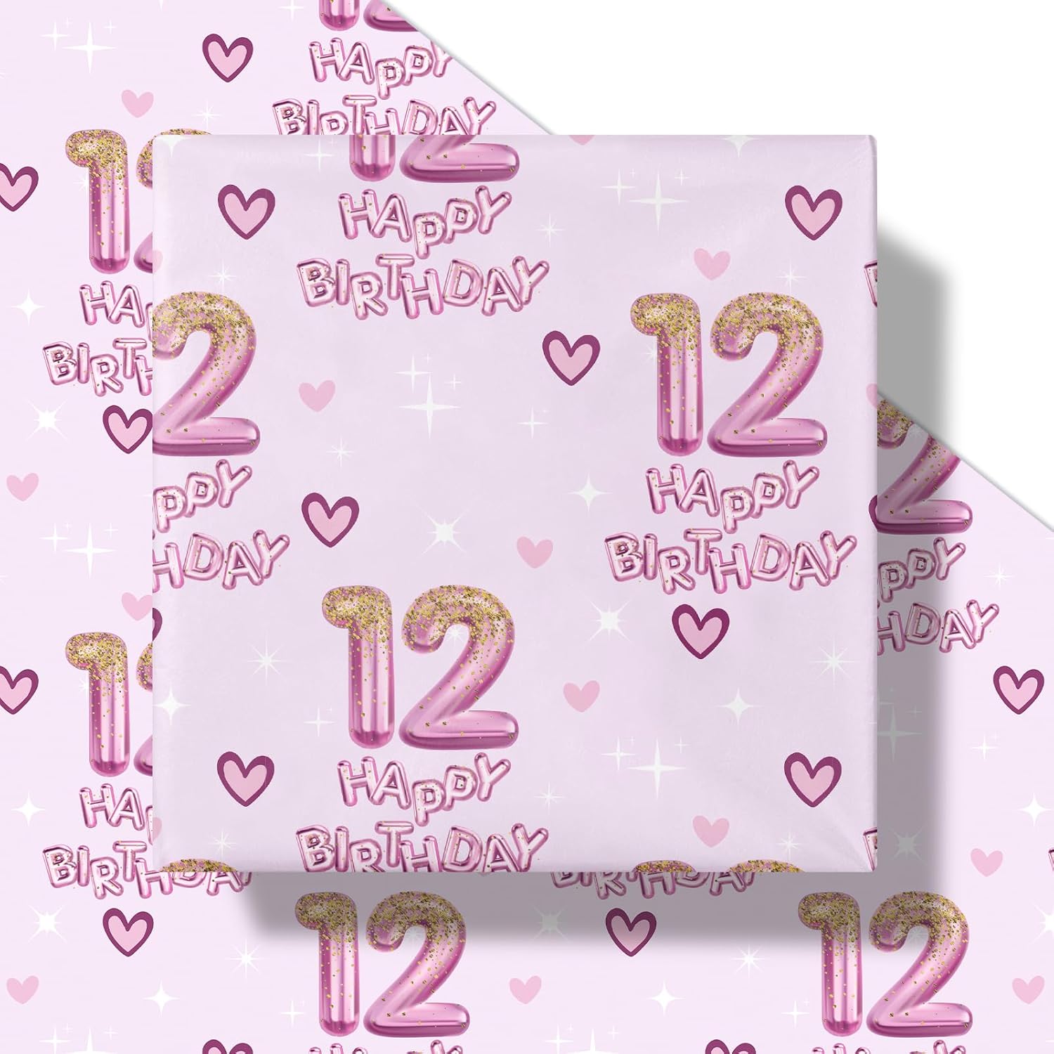 Thumbnail 1 de RUSPEPA 12th Birthday Wrapping Paper for Girls – Hearts and Pink 12 Balloons Happy Birthday Design, Mini Roll 43.2cm x 5m
