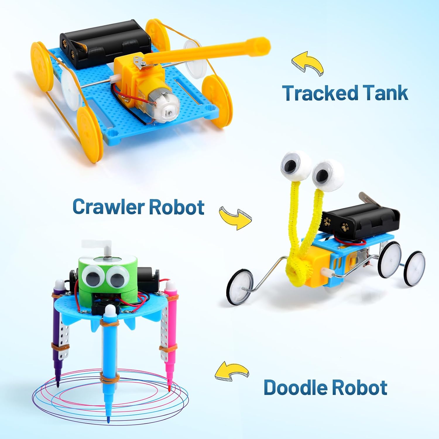 Detalle 2 de STEM Toys 5-in-1 Science Experiments Kit for ages 8–14: tracked tank, crawler & doodle robots