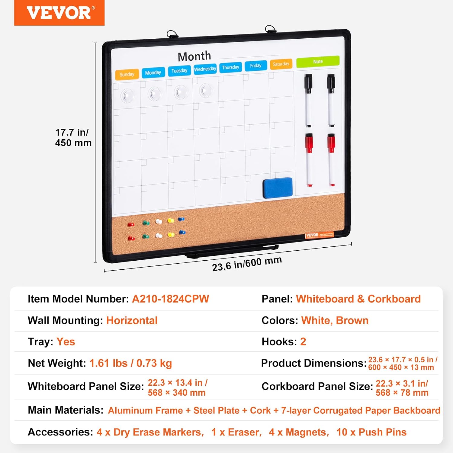 Thumbnail 6 de VEVOR Calendar Whiteboard and Cork Board, 24 x 18 in