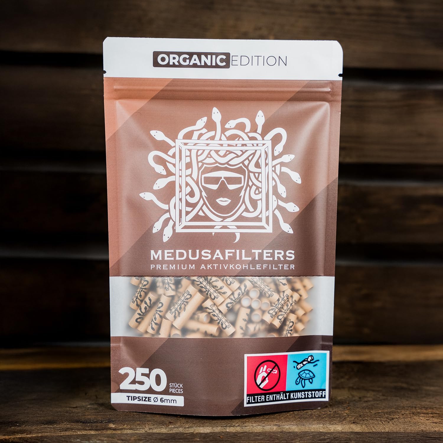 Detalle de Medusafilters Organic Edition: 250 Slim-Aktivkohlefilter (6 mm Ø) mit veganen Fasercaps & Kokos-Aktivkohle