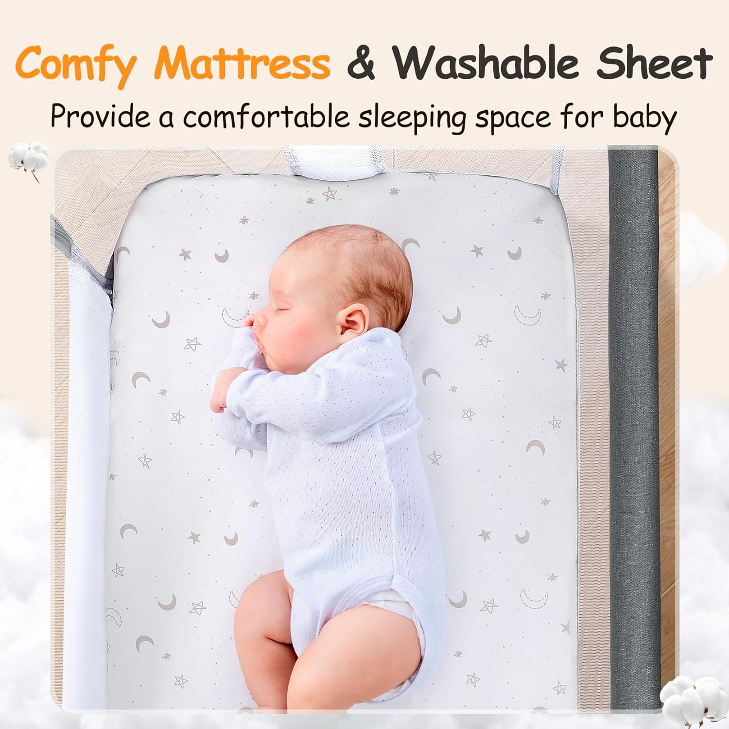Detalle de Growaystory Beistellbett mit Co-Sleeper-Funktion (Bassinet) – bettseitiger Baby-Nachttisch mit Rädern, Stauraum und 7-fach Höhenverstellung