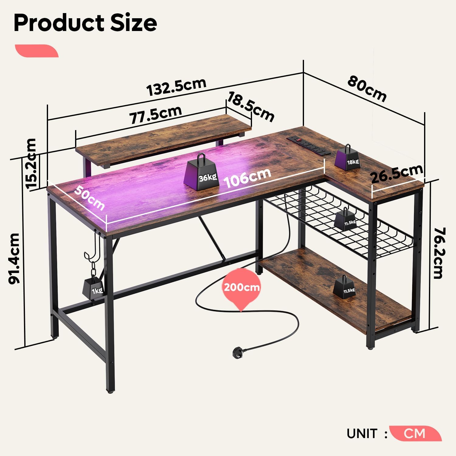 Detalle 1 de Bestier 132.5cm L-Shaped Desk with Power Ports