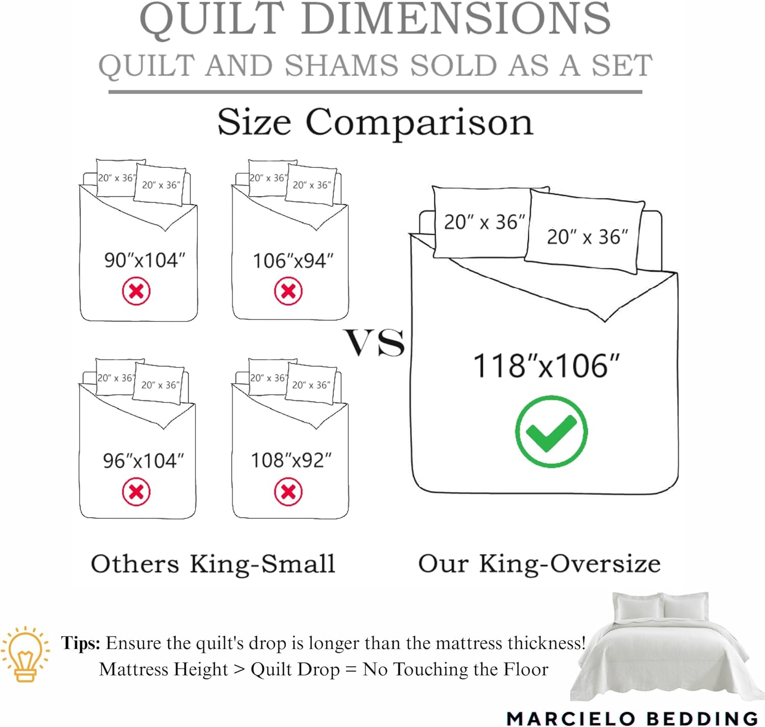 Thumbnail 4 de MarCielo 3-Piece 100% Cotton Oversized Bedspread Quilt Coverlet Set (Bright White, Oversized King)
