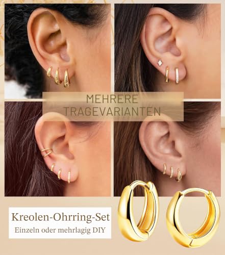 Detalle de SMILYA 3 Paar Gold Ohrringe – Set mit 3 unterschiedlichen Stilen, 925er Silber, Zirkonia