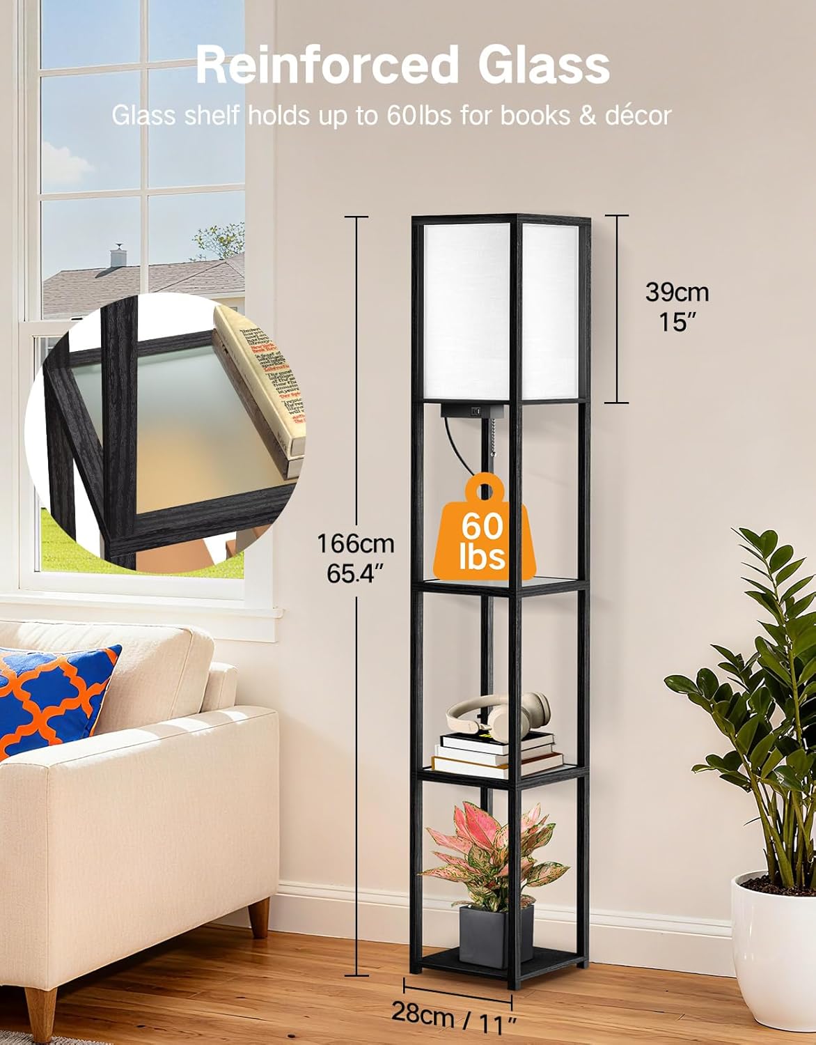 Thumbnail 6 de OUTON Stehlampe mit Glasablagen – LED-Stehleuchte mit USB-C & USB-A, Fernbedienung, 4 Farbtemperaturen