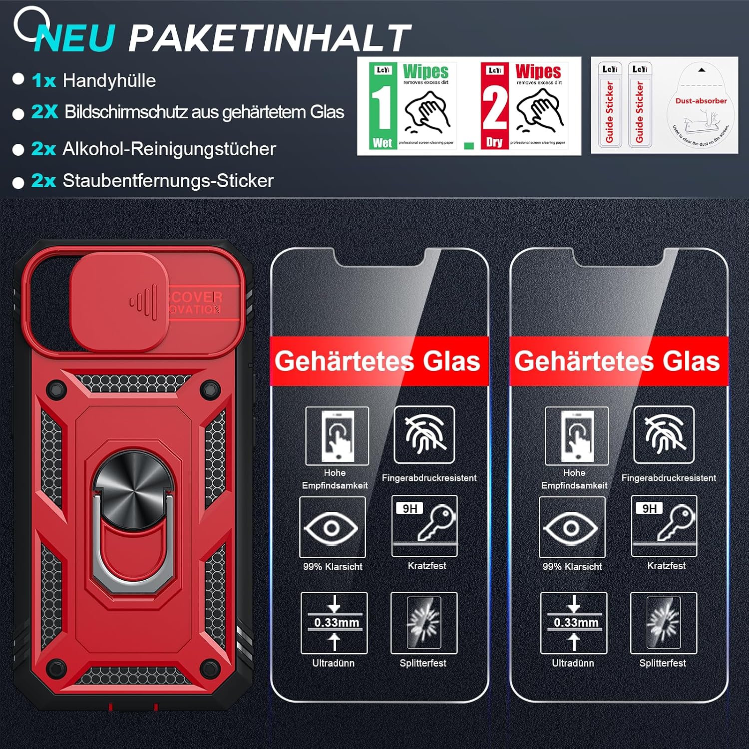 Thumbnail 6 de LeYi iPhone 14 6.1" case with sliding camera cover, 360° armour protection and ring stand (2-pack tempered glass)
