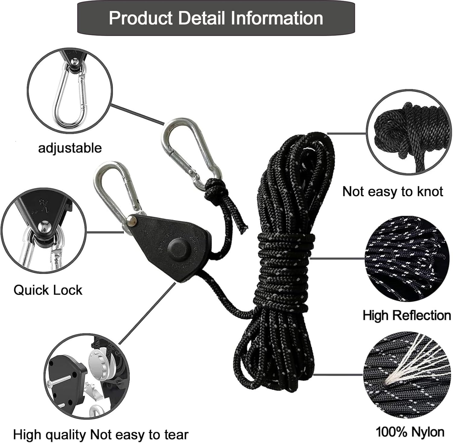 Thumbnail 3 de Lepidi 4er-Set verstellbare Seil-Ratsche (4 mm) mit Haken, Nylon schwarz reflektierend
