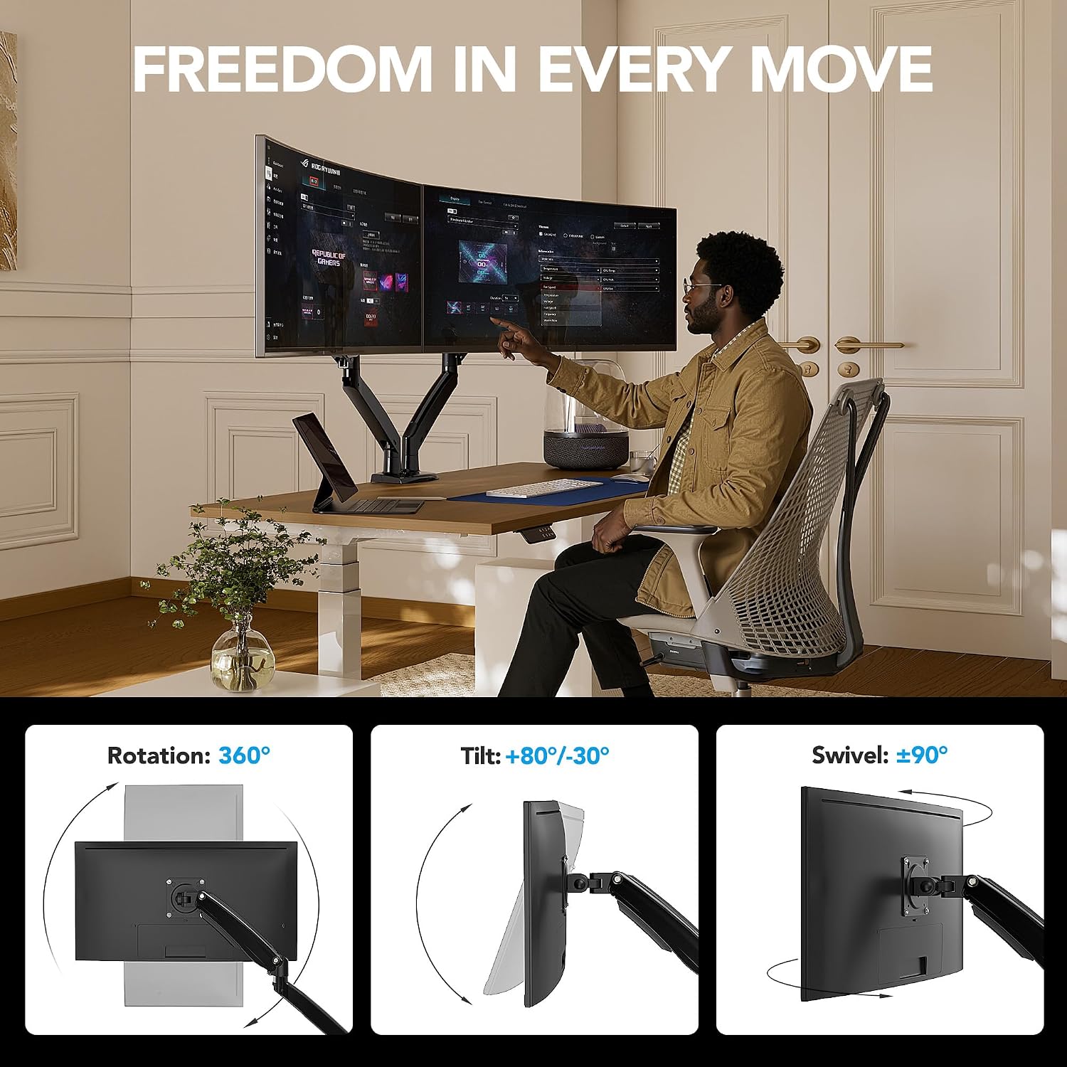 Detalle de HUANUO NITROGLIDE HNDS7 Dual Monitor Mount 26.4 lbs per Arm 🖥