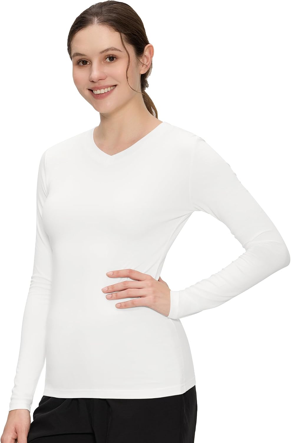 Detalle de COZYFIT Women’s V-Neck Long-Sleeve Underscrub Tee, 4-Way Stretch