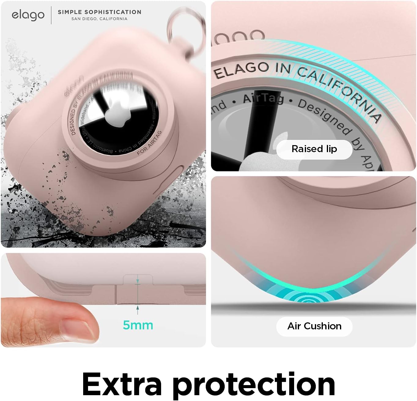 Detalle de elago Coque instantanée pour AirPods Pro avec emplacement AirTag et porte-clés (Rose des Sables) — design “appareil photo”
