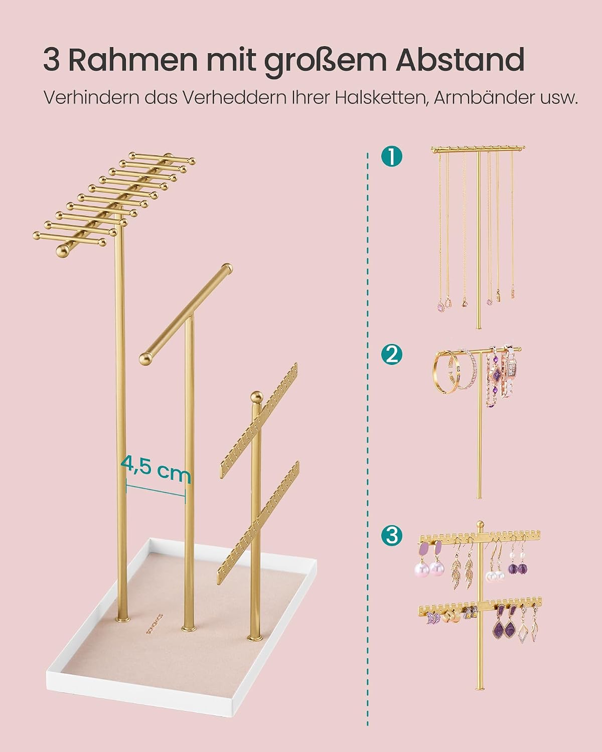 Detalle de SONGMICS Schmuckständer Metallrahmen mit Samttablett JJS036AB01V1 – Ordnung für Halsketten, Ohrringe und Ringe