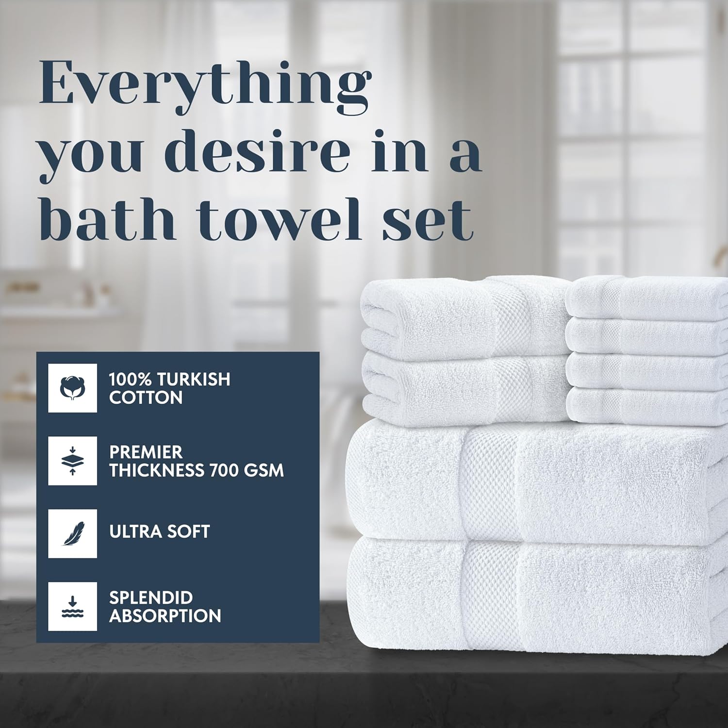 Detalle de Luxury White Bath Towel Set (8 Pieces) — 100% Turkish Cotton, 700 GSM