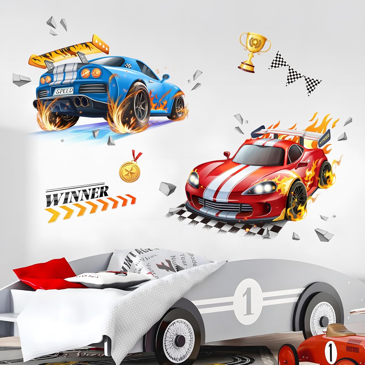 Thumbnail 2 de Tanlaby 3D Auto Wandtattoo Rennwagen – 2‑teiliges Wandmotiv für Kinderzimmer