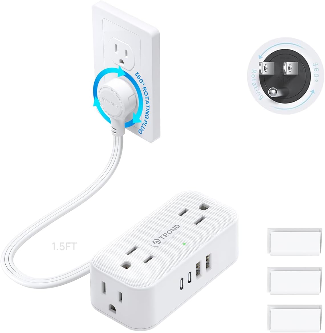 Detalle de TROND TD-PS-US15SX Rotating Power Bar, 4 AC Outlets, 4 USB Ports