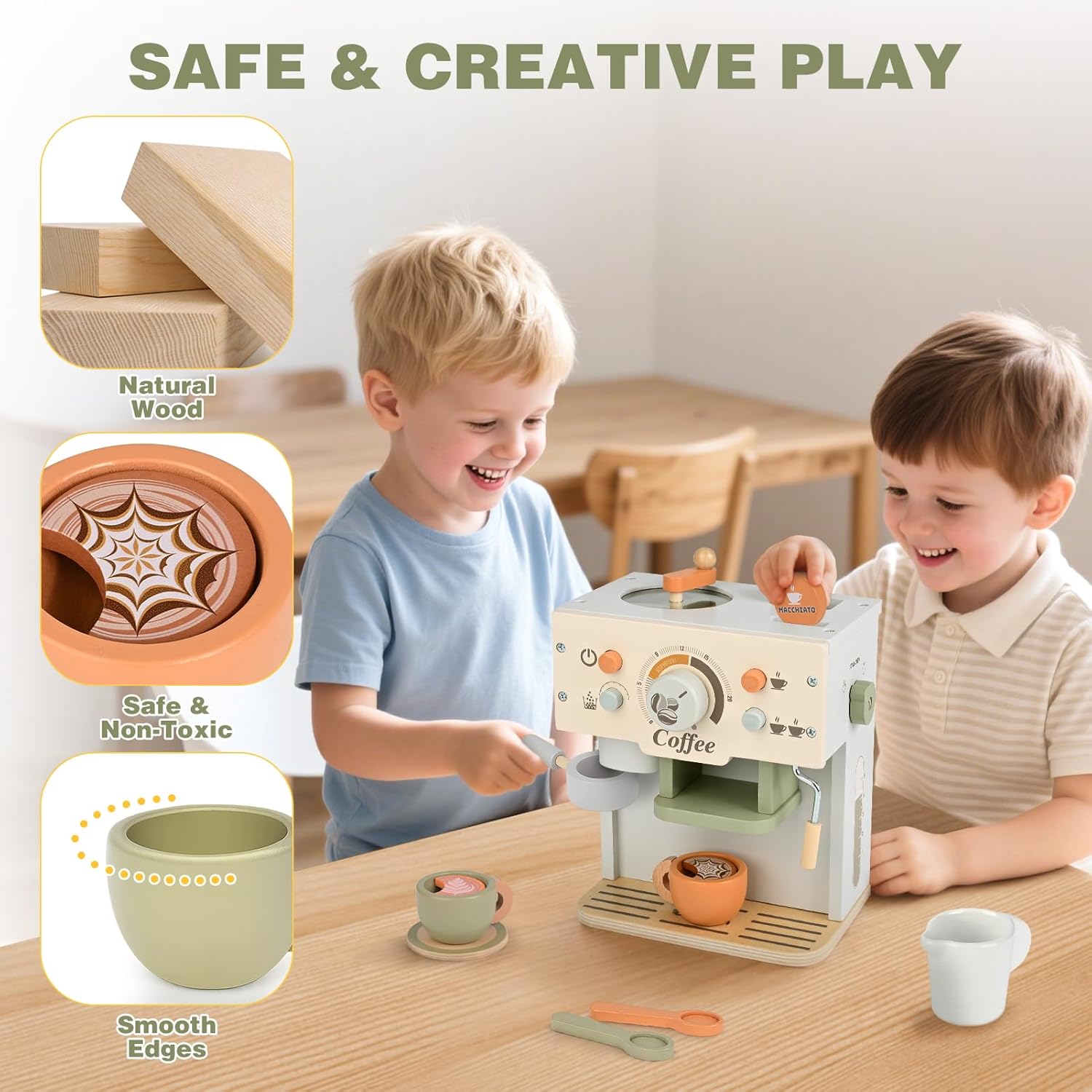 Detalle 2 de Dreamon Kinder-Kaffeemaschine 15-teilig aus Holz