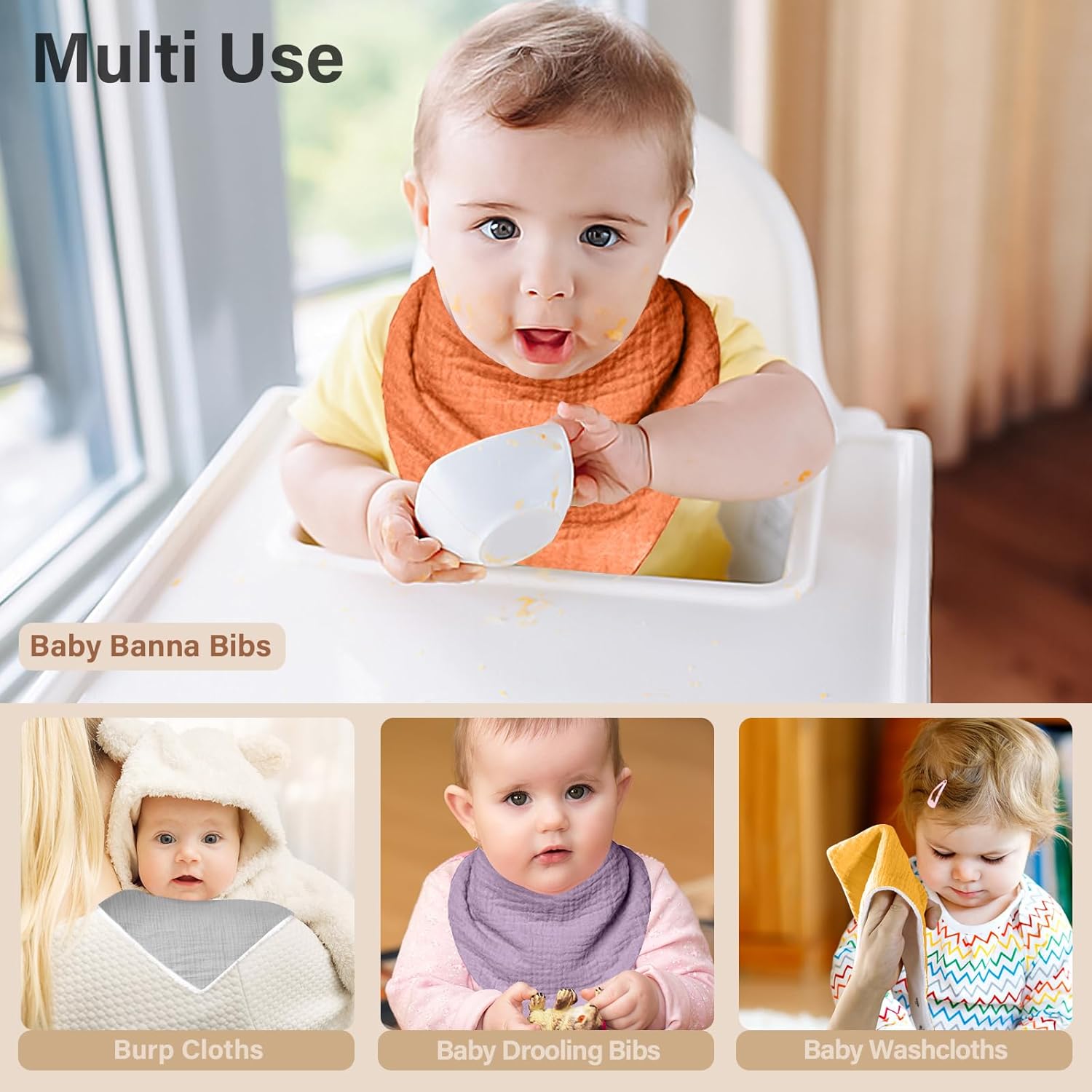 Thumbnail 5 de NISXABEBE 6er-Pack Musselin-Lätzchen mit verstellbaren Druckknöpfen für Babys (Unisex)