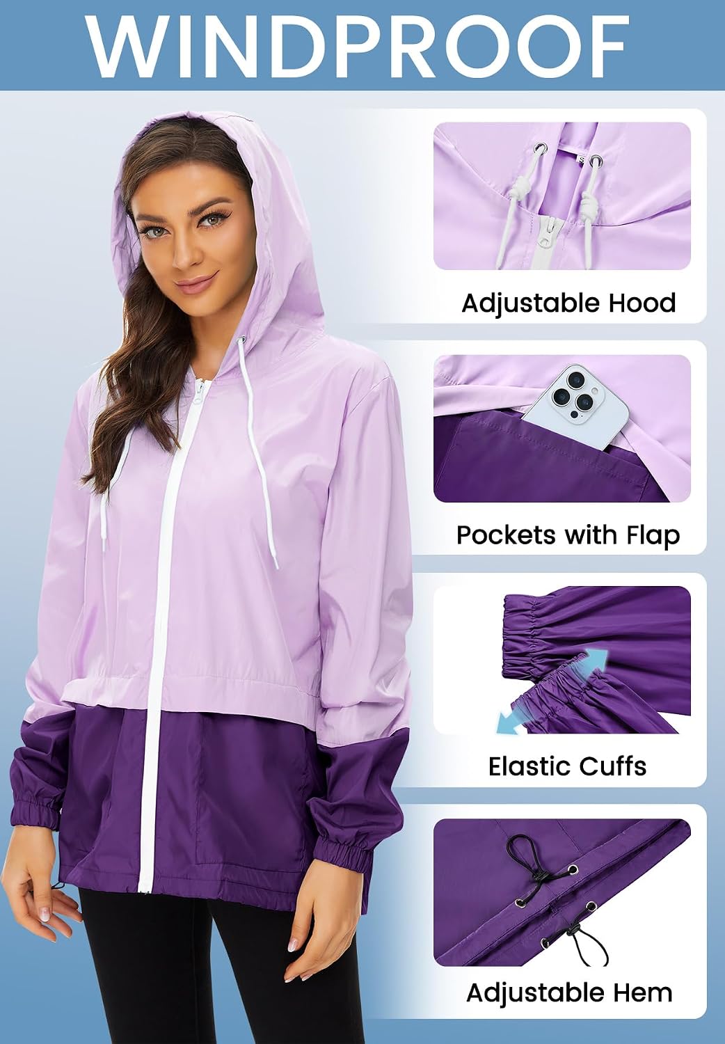 Detalle de Zando Lightweight Rain Jacket Women Waterproof – Packable Hooded Rain Coat for Travel and Outdoors