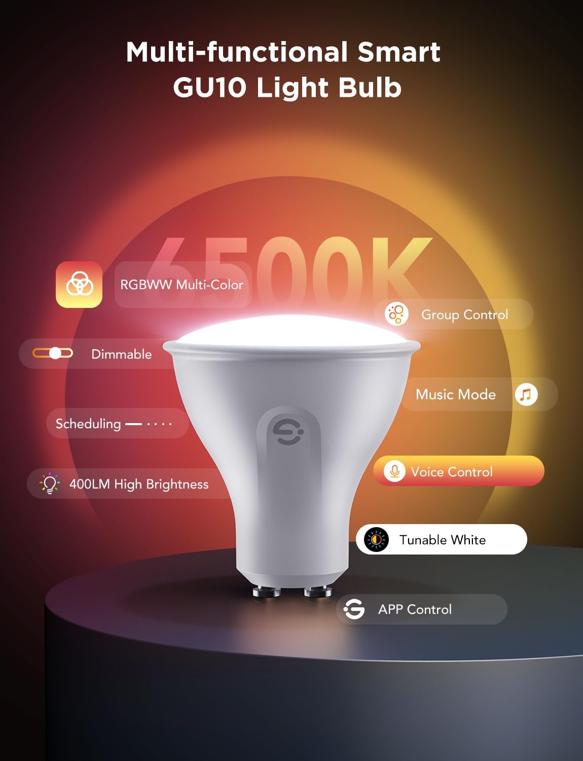 Detalle 2 de Govee Smart Bulb GU10 RGBWW (4 Pack) – 400LM, Dimmable, Works with Alexa & Google Assistant