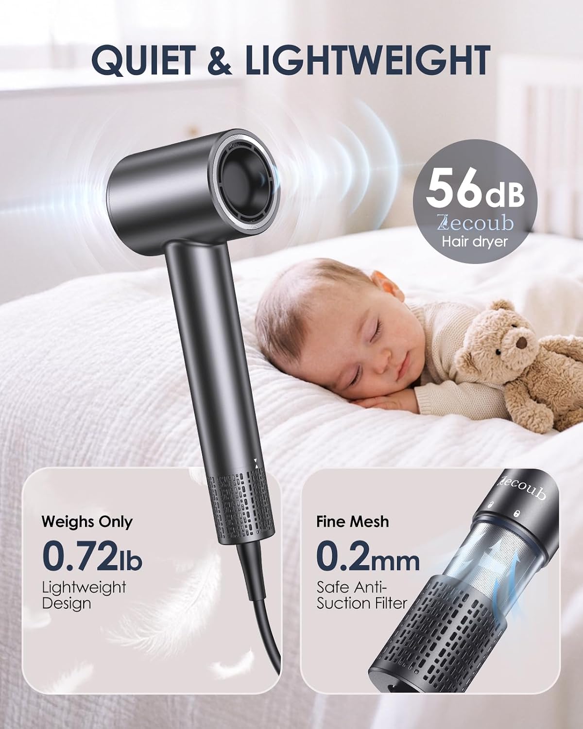 Thumbnail 6 de Zecoub Travel Hair Dryer Dual Voltage with 500 Million Ionic Power