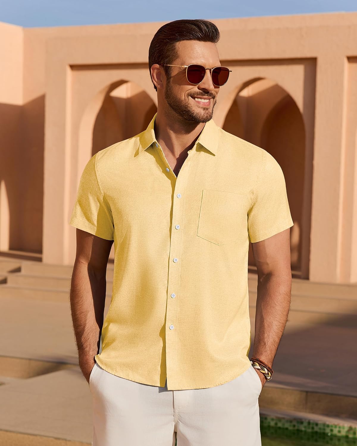 Detalle 2 de ROUWELL Men's Linen-Blend Button-Down Shirt, Short Sleeve, Relaxed Untucked Fit