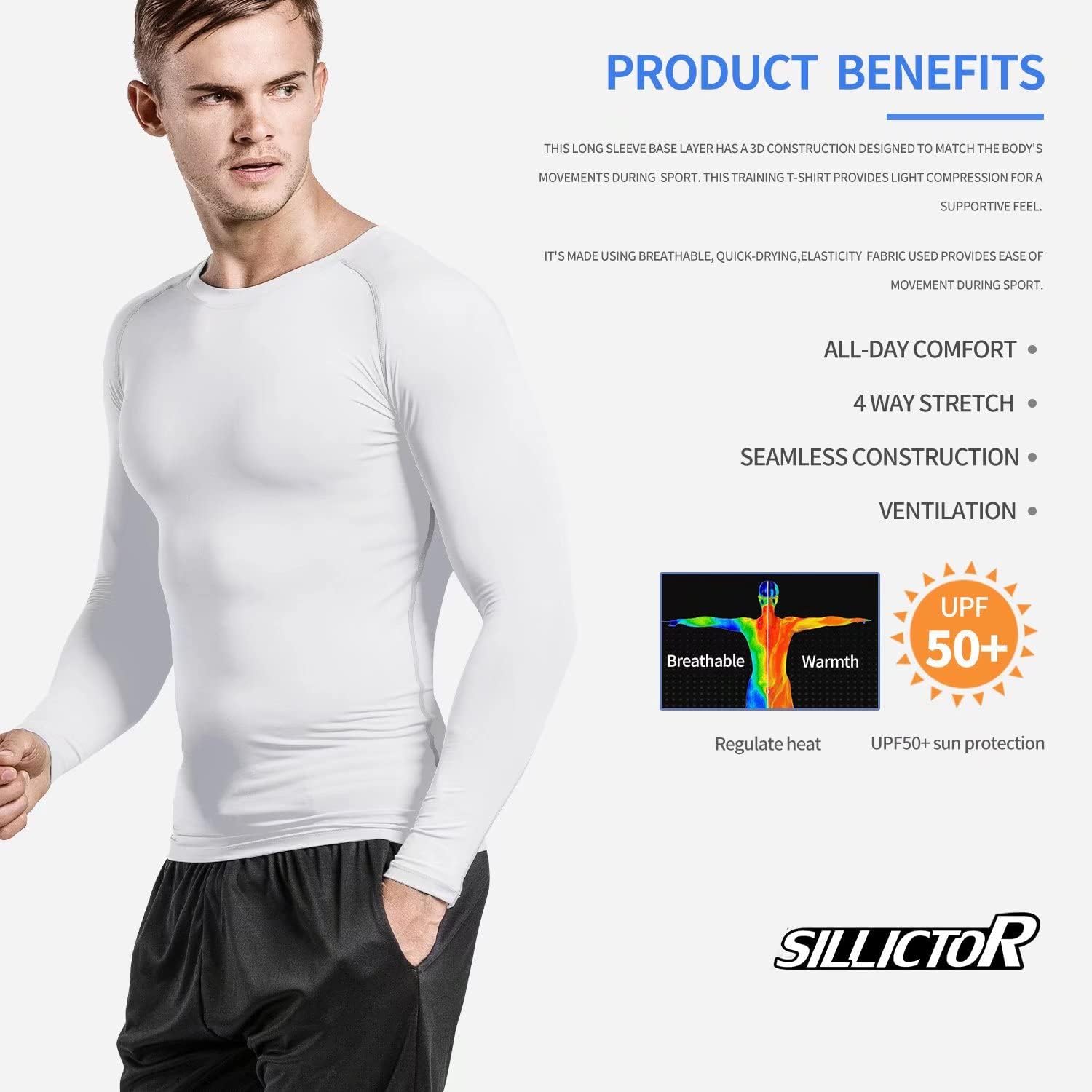 Detalle 2 de Sillictor Men's Compression Base Layer Top – Long Sleeve Quick Dry Running Top (UPF 50+)
