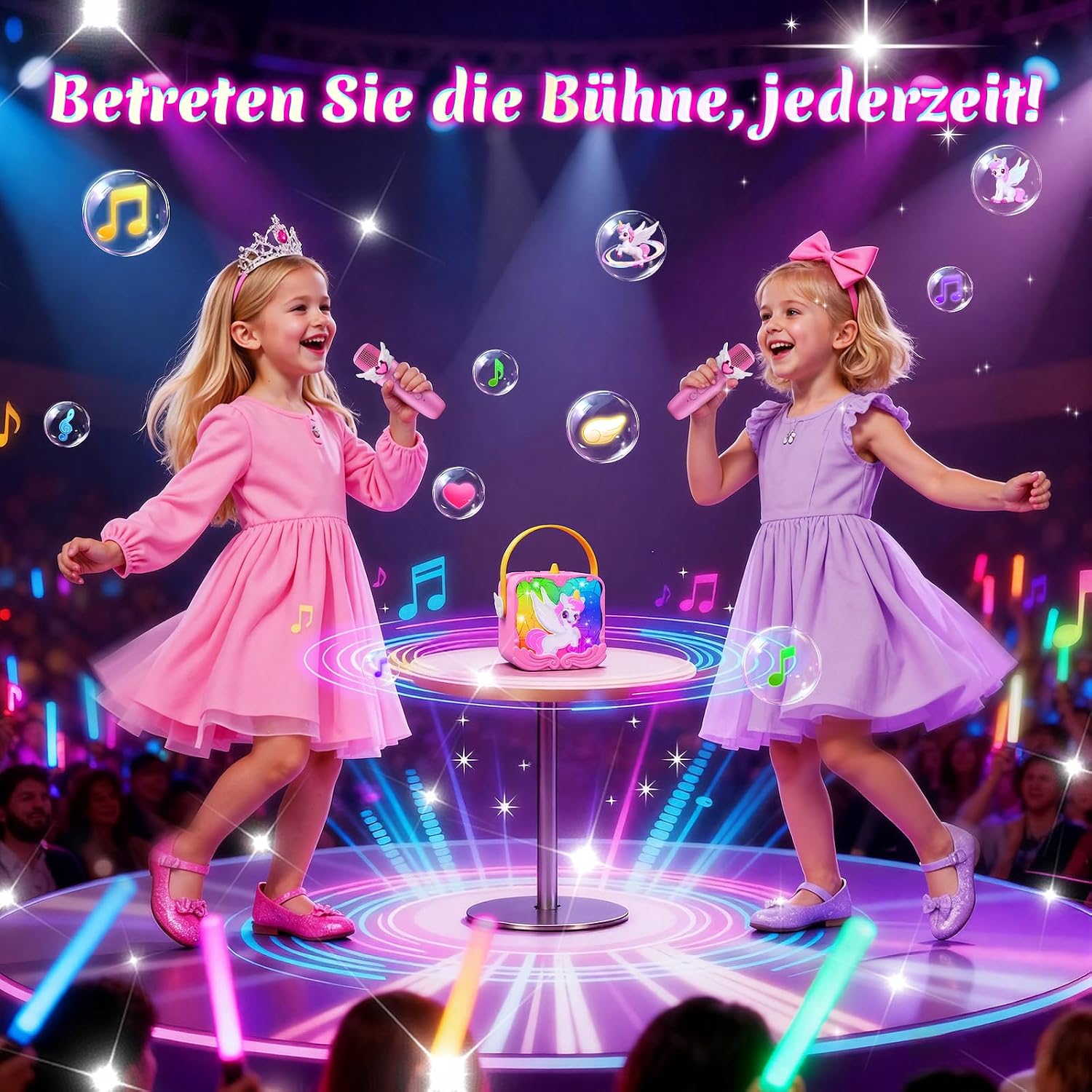Detalle 2 de Neueste Einhorn Karaoke Maschine 2 Mikrofon – Tragbares Musikspielzeug für Mädchen 3–12 Jahre mit LED-Lichtern