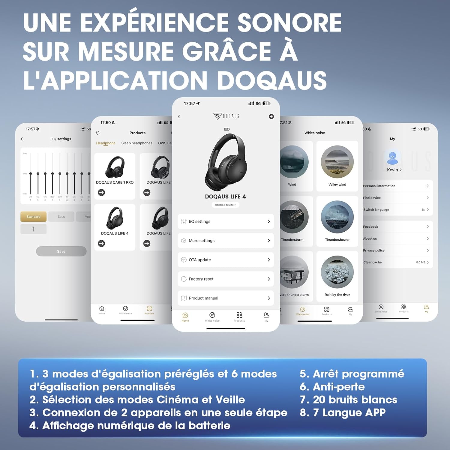 Thumbnail 4 de DOQAUS Casque Bluetooth sans Fil 90H — Son HiFi, 3 Modes EQ et Application, Connexion Multipoint