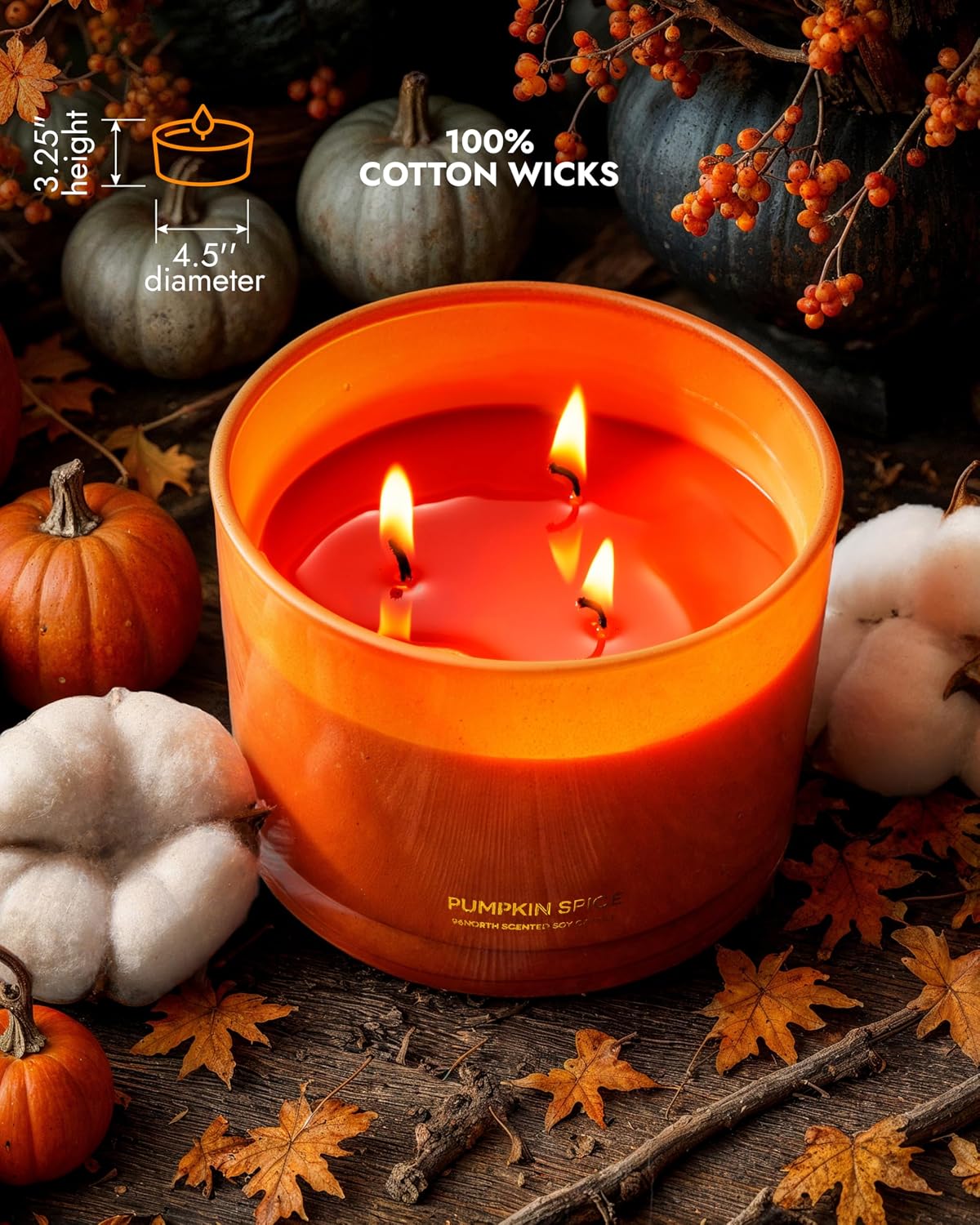 Detalle de 96NORTH AAN00164 Pumpkin Spice Soy Candle, Large 3-Wick Glass Jar