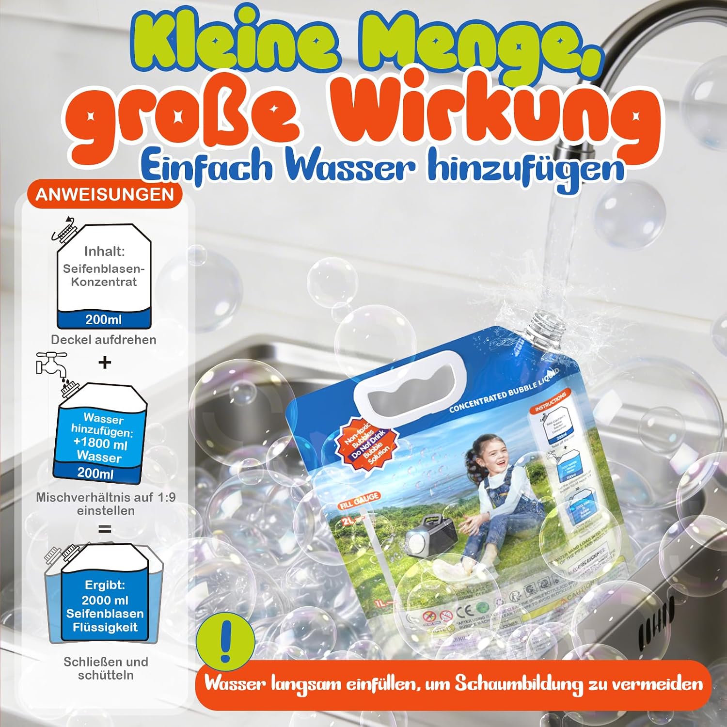 Detalle de Blubbel 2L Seifenblasenflüssigkeit – Nachfüllkonzentrat für Seifenblasenpistole und Bubble Machine