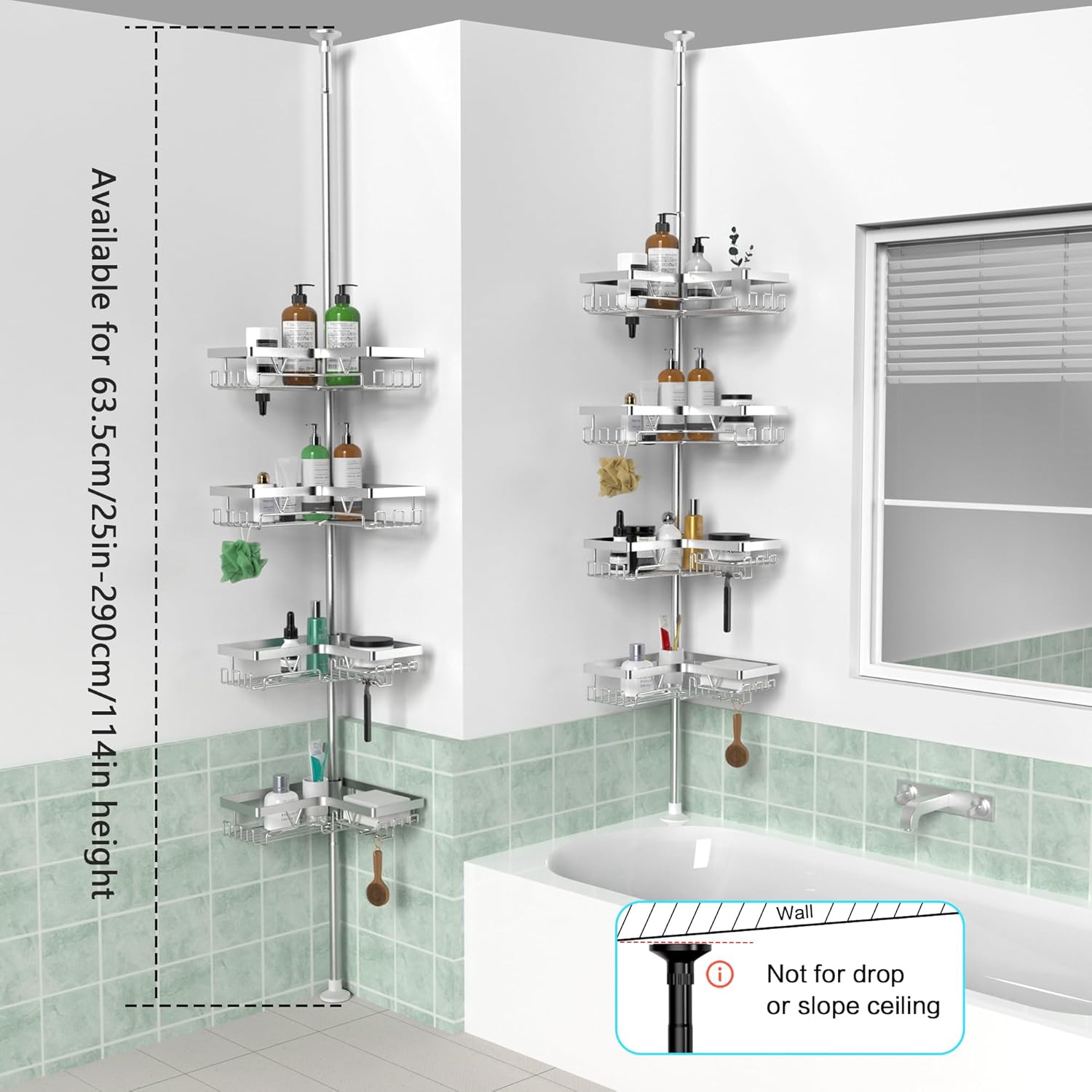 Thumbnail 6 de Kegii Telescopic Shower Caddy Corner Storage with 4 Baskets (No-drill) – Silver