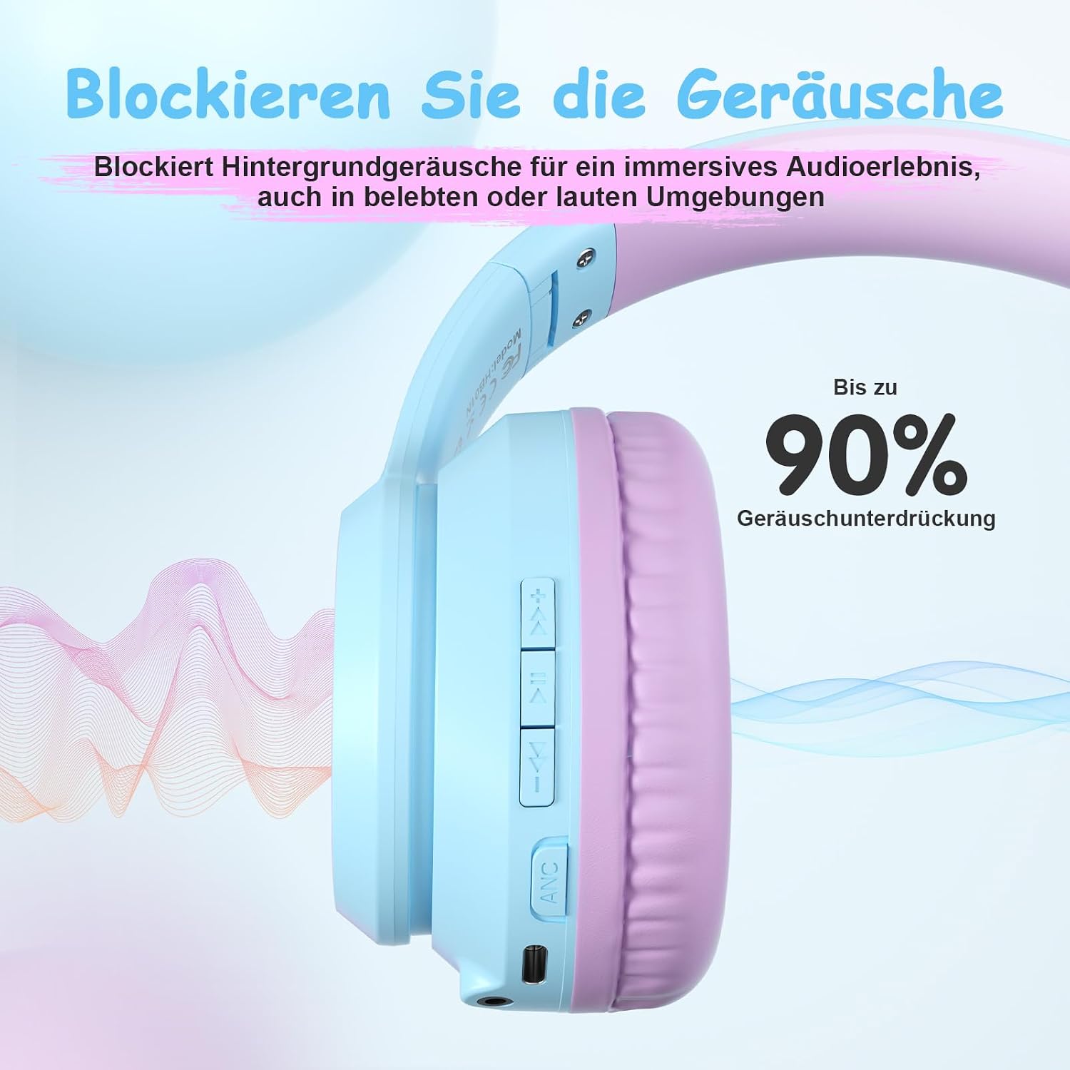 Detalle de TONOSHARK Kinder Bluetooth Kopfhörer – Over-Ear mit Noise Cancelling, 60 Stunden Spielzeit, inkl. Tragetasche (Blau-Lila)