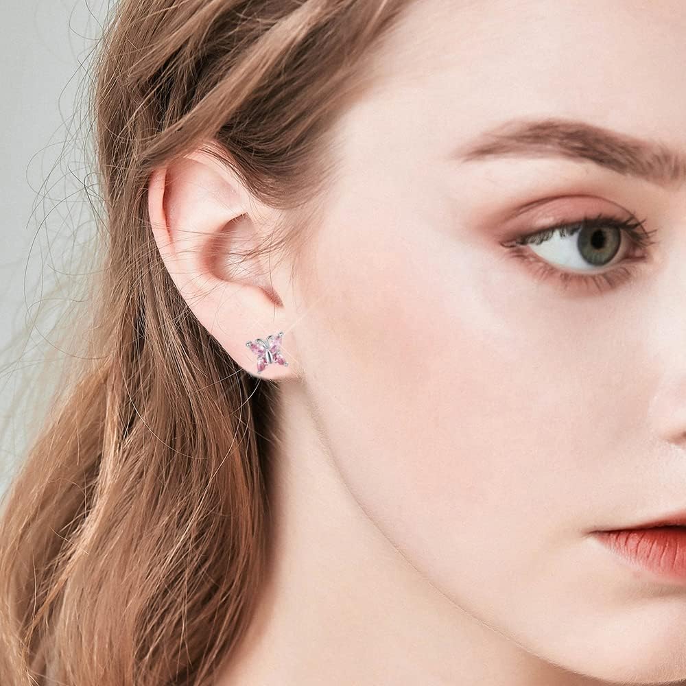 Detalle de TIZU 925 Sterling Silber Schmetterling Ohrringe mit rosa-lila Zirkonen – hypoallergen, Geschenk-Edition