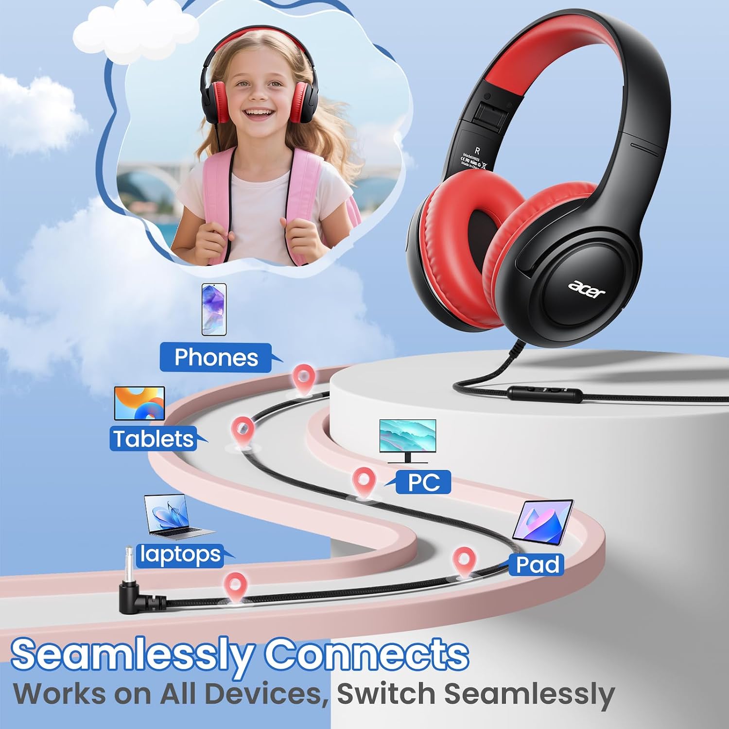 Detalle 1 de Acer acer-Hk03 Kids Headphones, Foldable Over-Ear with 85/94 dB Limiter