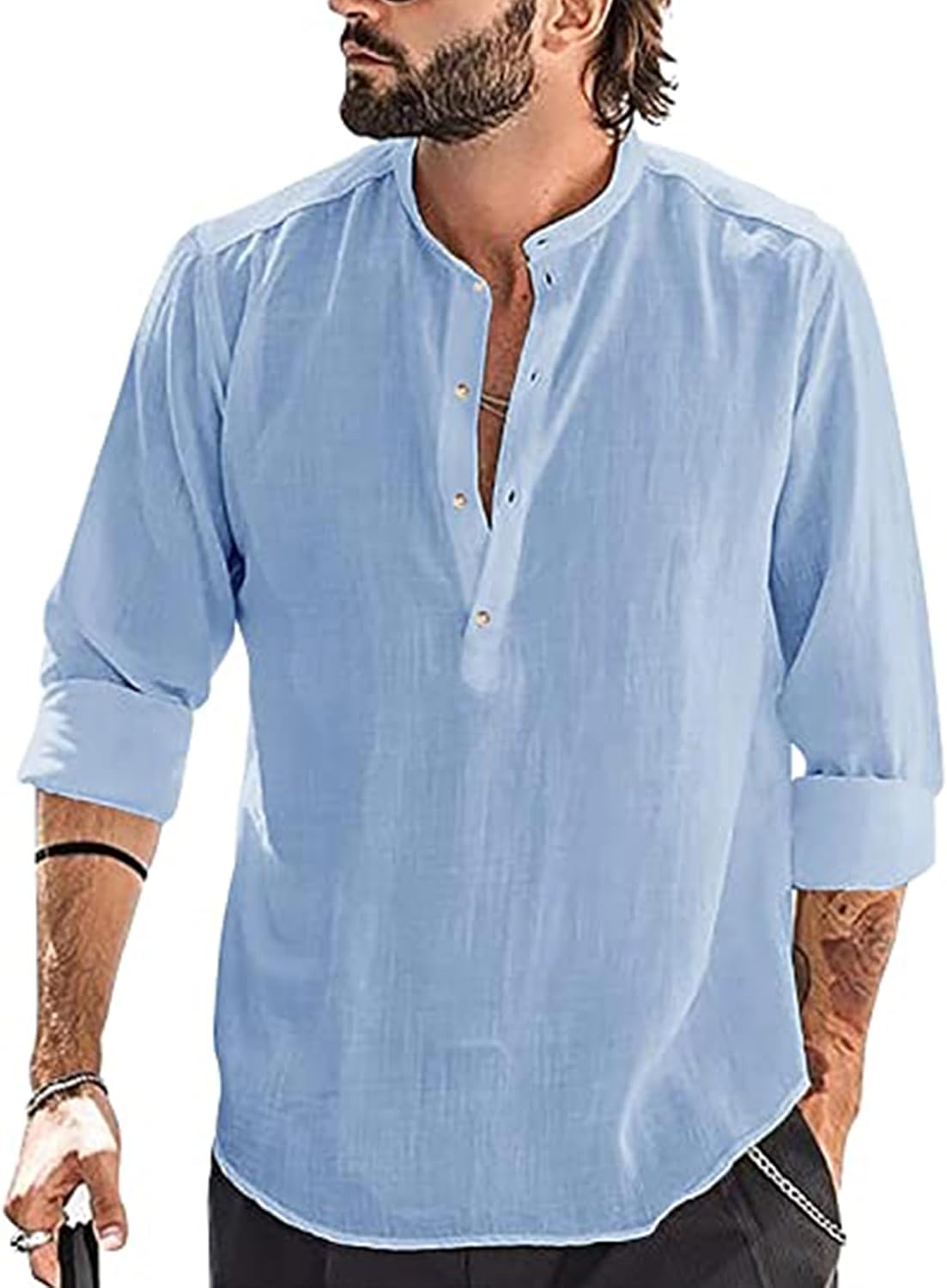Thumbnail 6 de YAOBAOLE chemise lin coton homme à manches longues Henley – style décontracté pour l’été