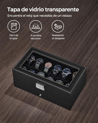 Detalle de SONGMICS Caja de Reloj JWB012B03: Estuche de 2 niveles para 12 relojes con tapa de cristal y cerradura