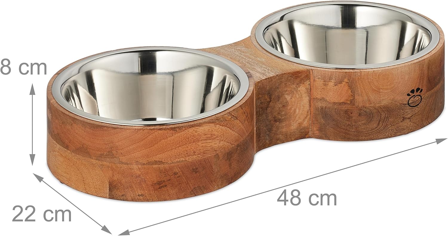 Detalle 2 de Relaxdays Hundenapfbar mit 2 Edelstahlnäpfen (2 x ca. 2,2 l) – Futterbar Natur/Silber für mittelgroße & große Hunde