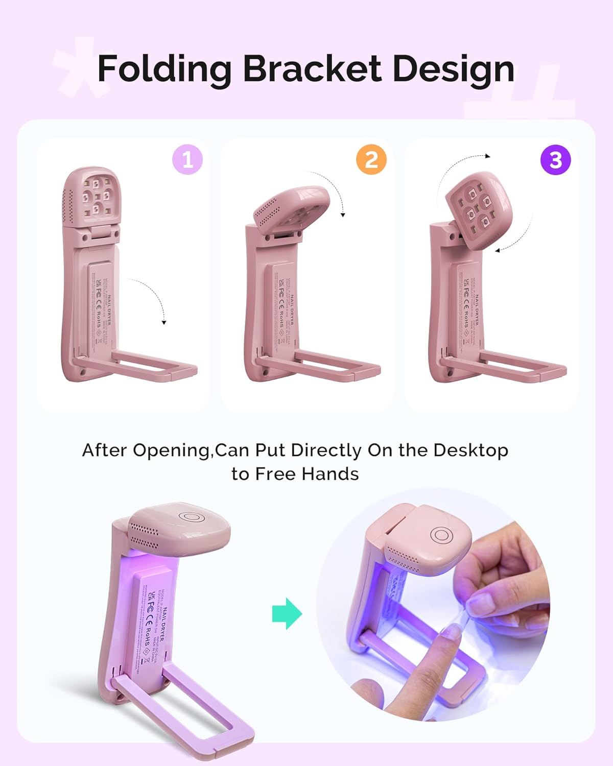 Detalle 2 de Melodysusie ART09F Cordless Handheld UV Light for Gel Nails (Pink) with Folding Stand