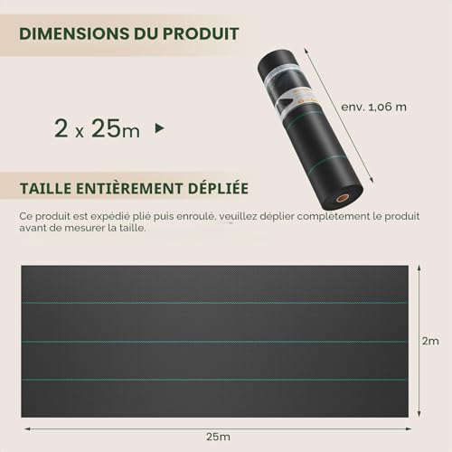Detalle de OUNUO Toile de Paillage Géotextile 2 m x 25 m – 90 g/m², Antimauvaises Herbes, résistant UV et perméable