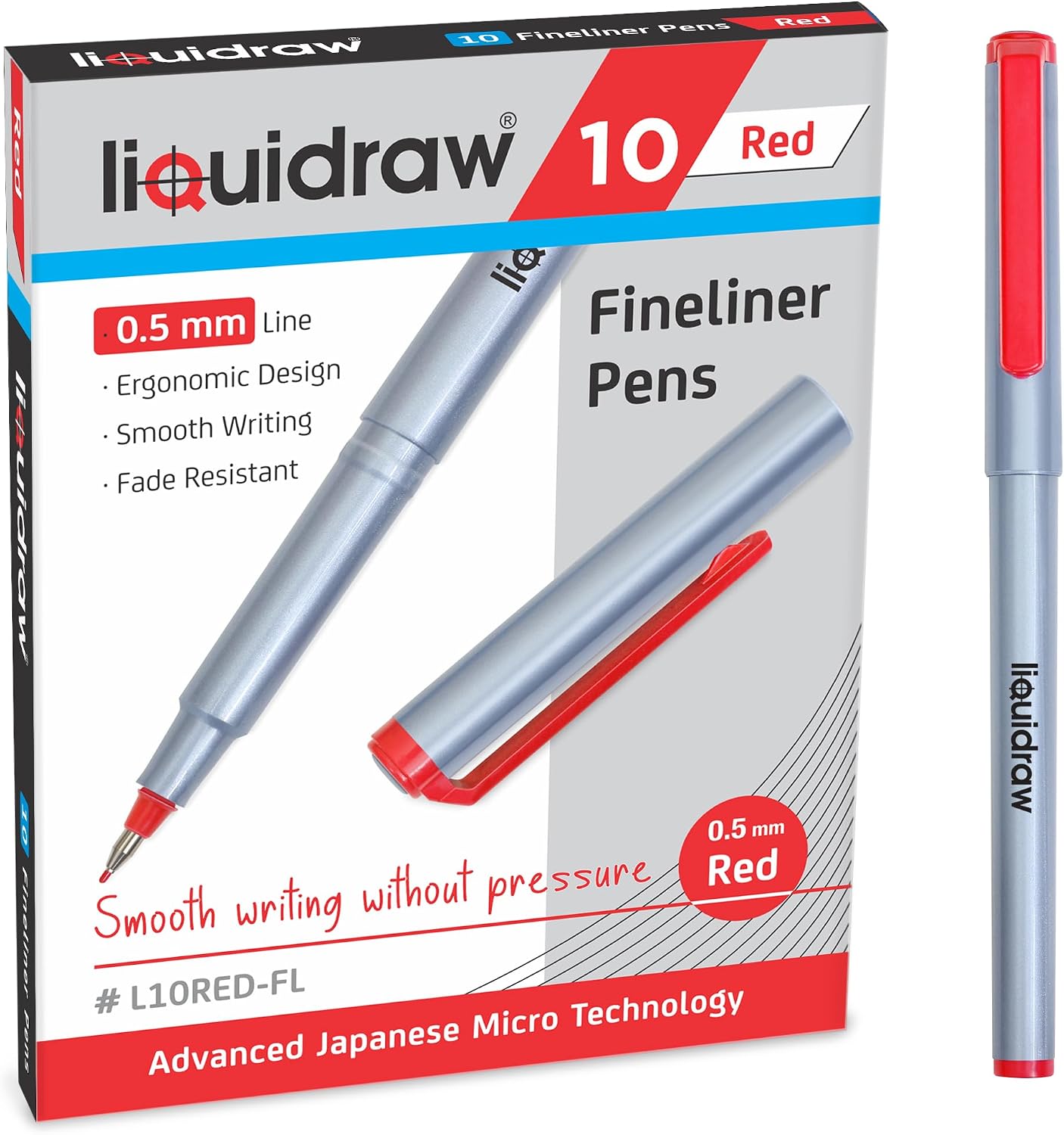 Detalle de Liquidraw レッドファインライナー 10本セット 0.5mm細字・収納ケース付き