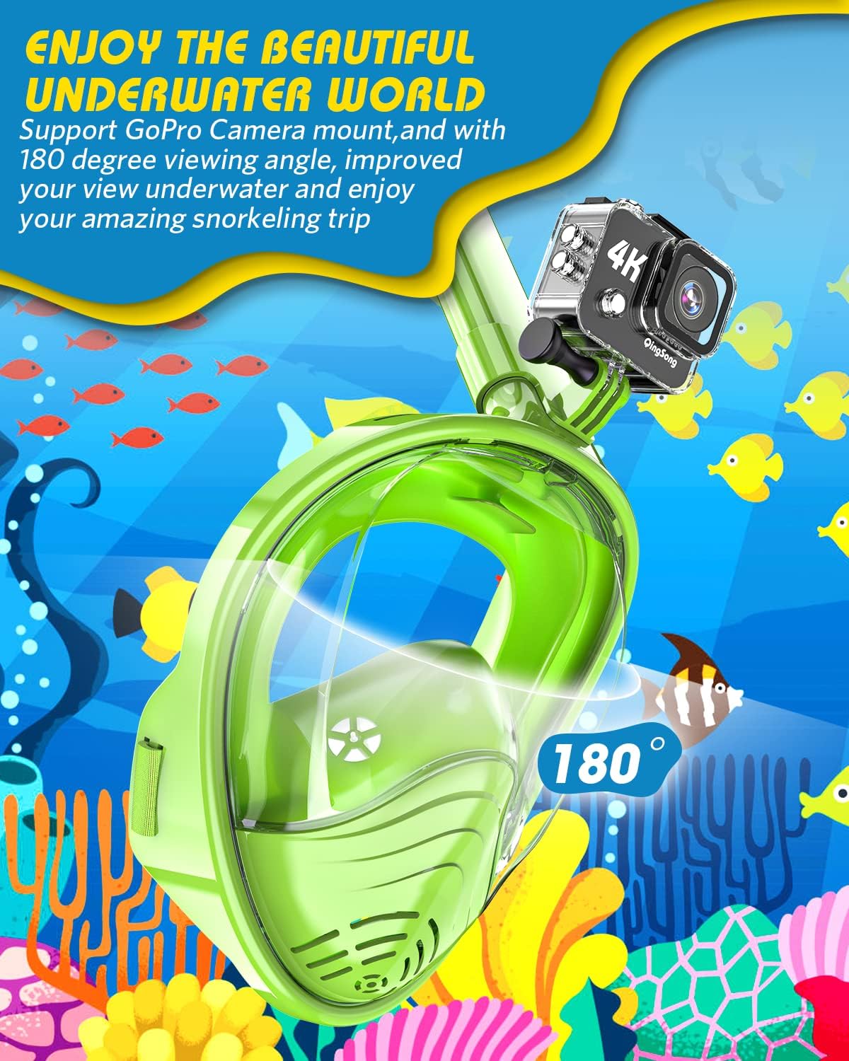 Detalle de QingSong Kids Full Face Snorkel Mask Set with Camera Mount