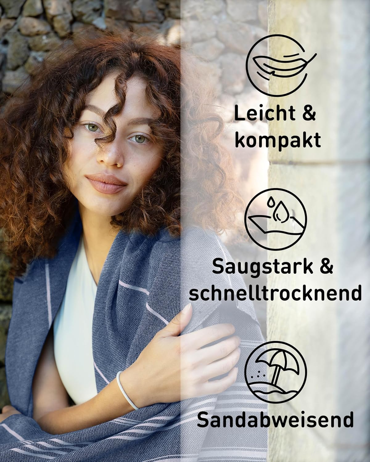 Detalle 2 de Fit-Flip Hamamtuch 200x200 cm aus 100% Baumwolle – Navy, schnelltrocknend und saugfähig
