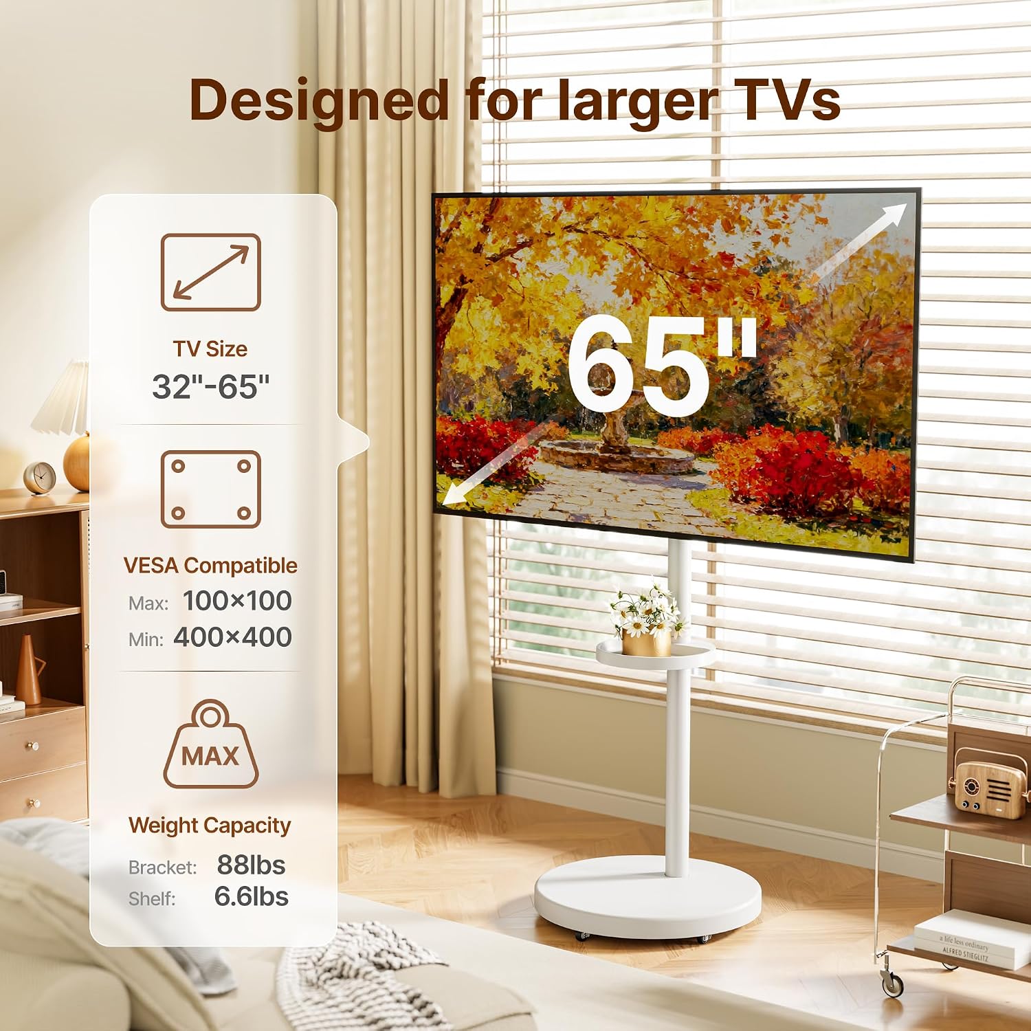 Thumbnail 2 de ECOTINY Rolling TV Stand with Wheels for 32–65 Inch TVs up to 40kg, White – Height Adjustable, Portrait to Landscape
