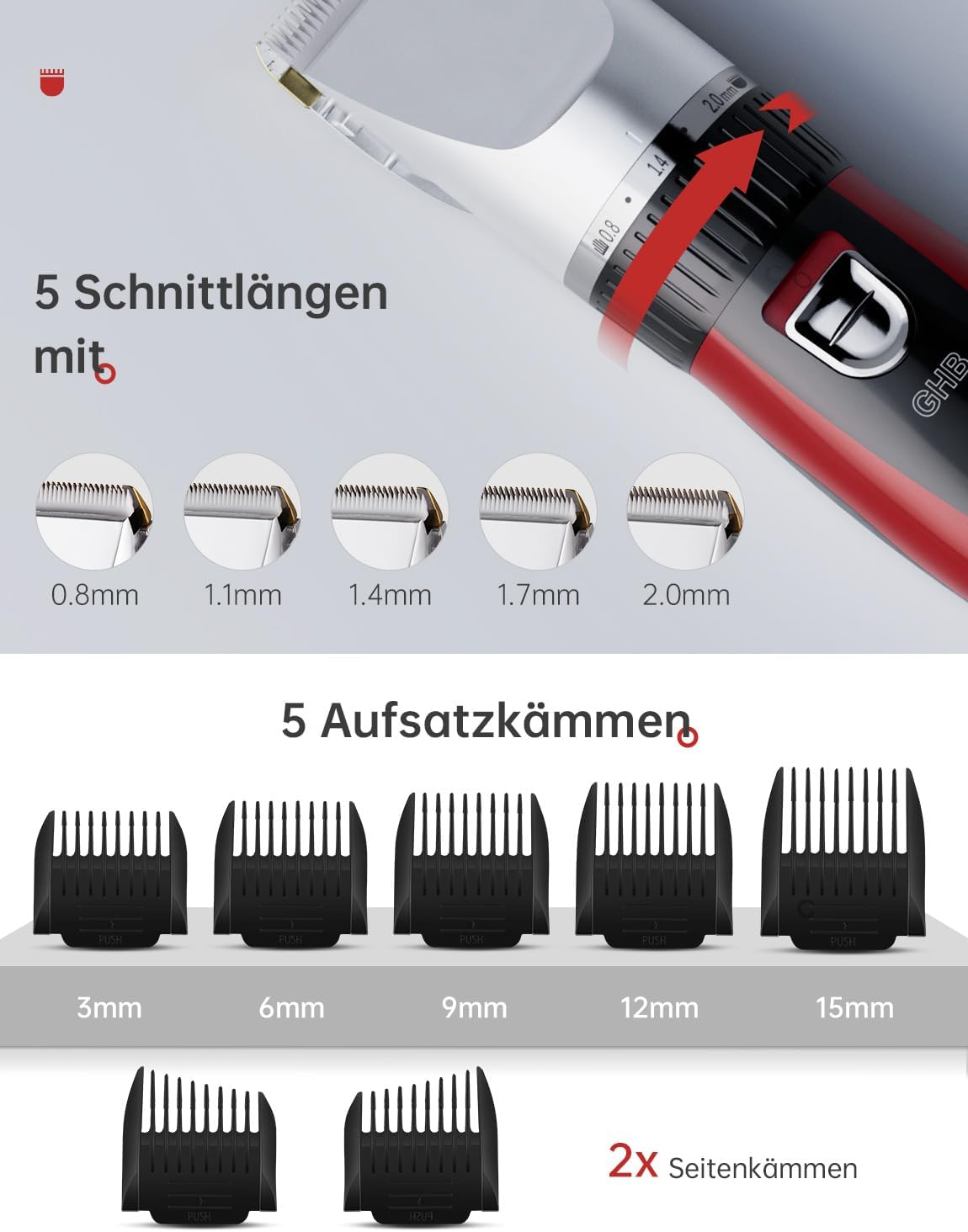 Detalle 2 de GHB Haarschneidemaschine Akku Haarschneider – kabellos, 2 Lithium-Akkus & 14-teiliges Set