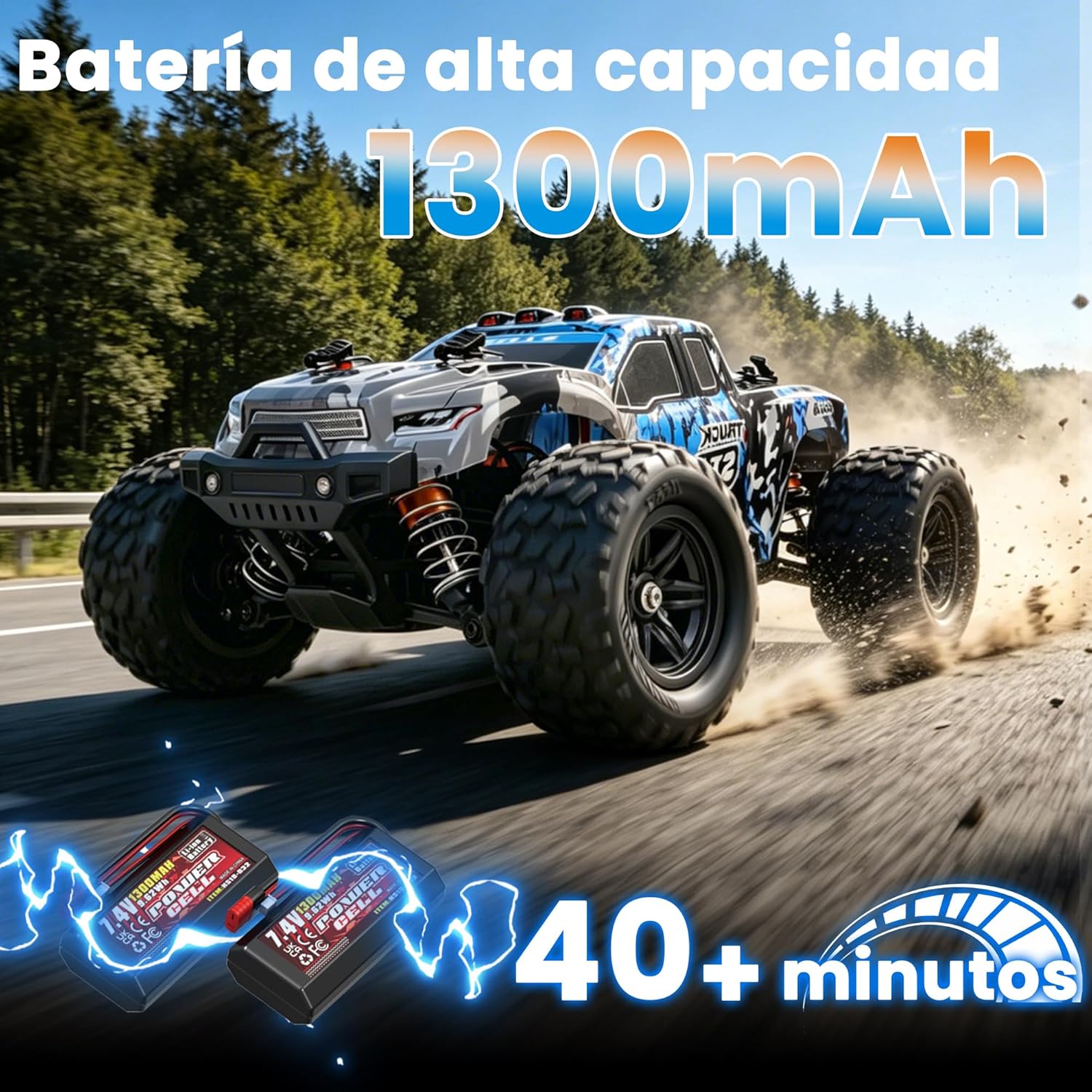 Detalle 2 de JOYTREKY Voiture TéLéCommandéE - 1:18 4WD tout-terrain (40 km/h) avec 2 batteries—Bleu