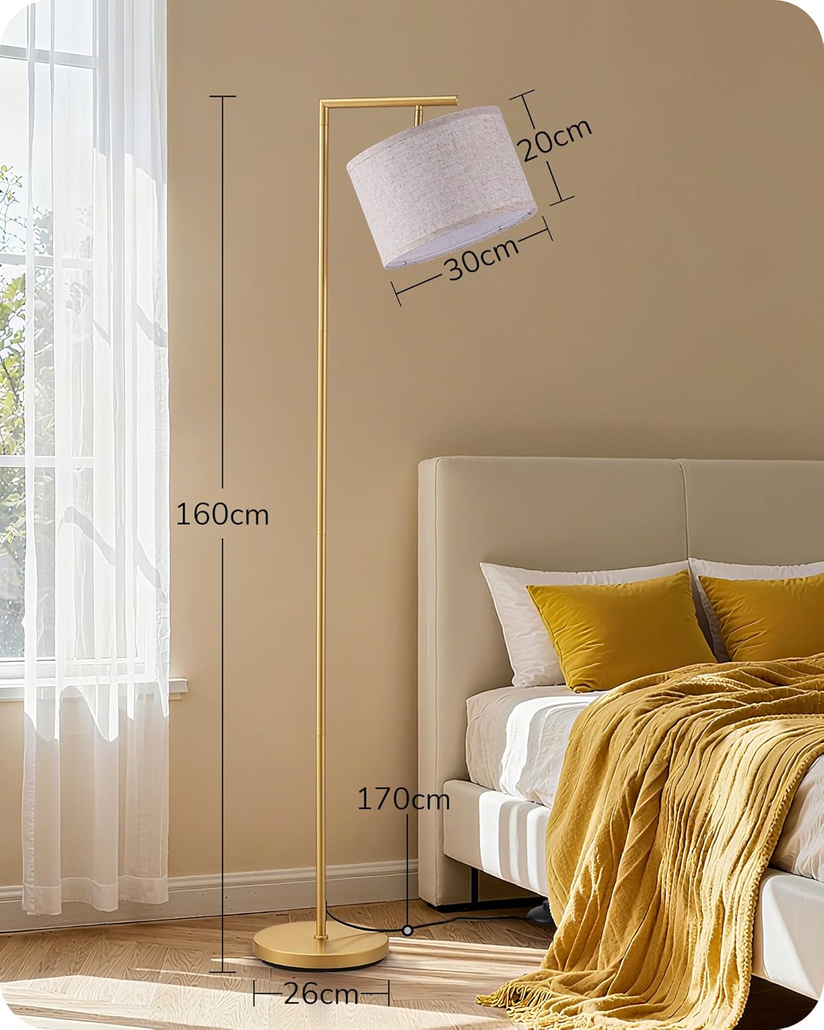Thumbnail 3 de EDISHINE Lampada da Terra con Paralume in Lino, Arco Orientabile e Lampadina Inclusa - Oro