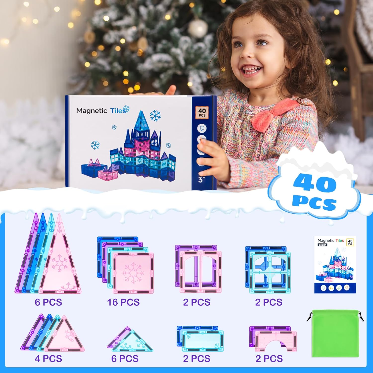 Thumbnail 2 de Xekel Magnetic Tiles 40 PCS – 3D STEM Frozen World Building Set for Ages 3+