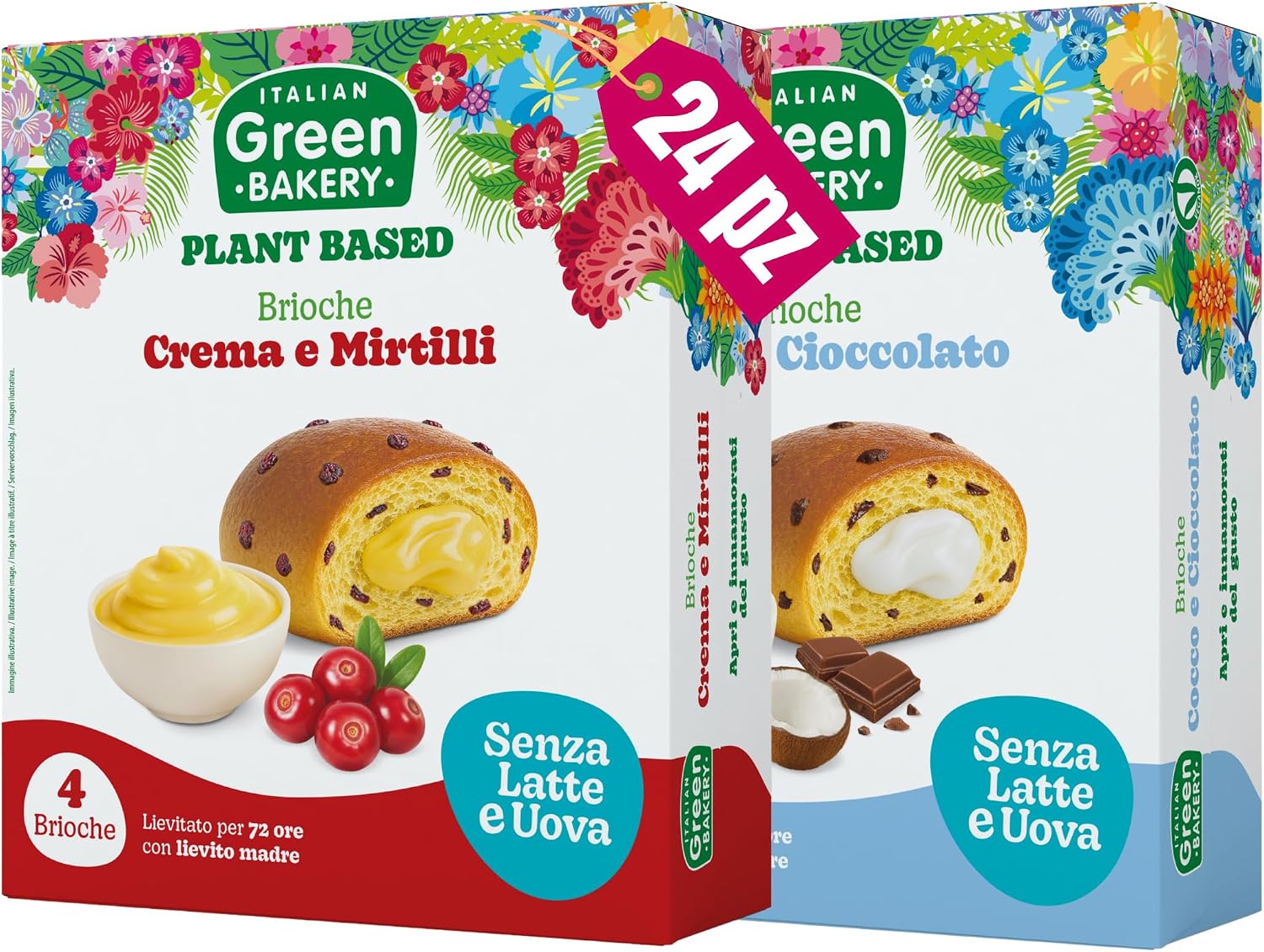 Brioche Vegane 2 Gusti con Crema e Mirtilli e Cocco e Cioccolato – Vegan With Love, 45g x 24pz (6 Confezioni)