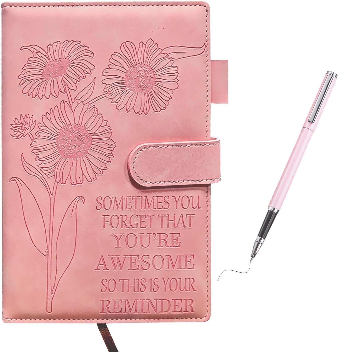 Detalle de QWFHOME Sunflower Pink PU Leather Journal, A5, 200 Pages with Closure and Pen Holder