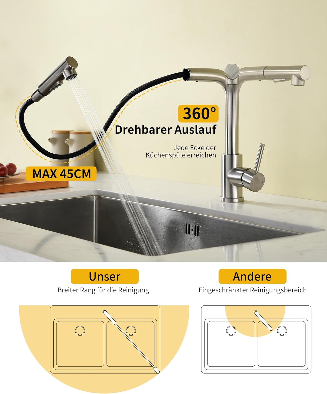 Thumbnail 1 de Robinet de cuisine Baollansa – Mitigeur extractible haute pression, acier inoxydable, pivot 360°